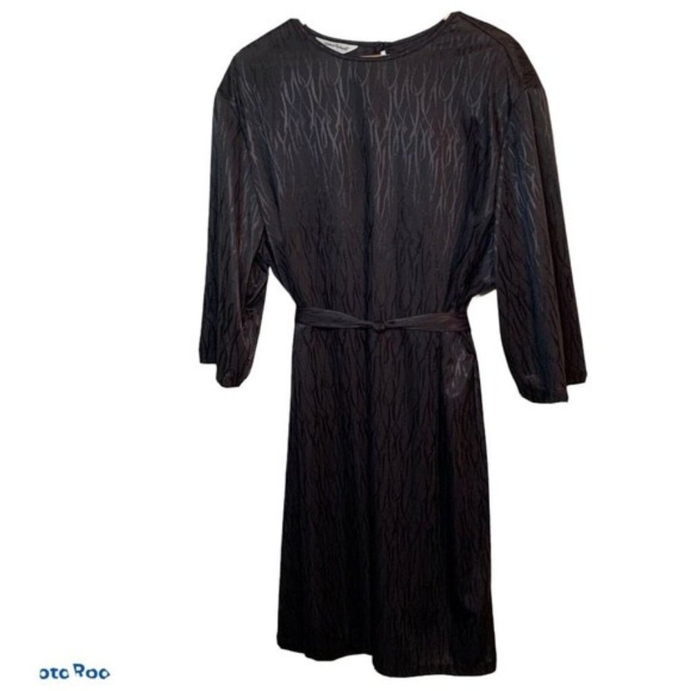 VINTAGE 80s Black Blouson Dress 3X Long Sleeve Midi Polysatin Monochrome Belted